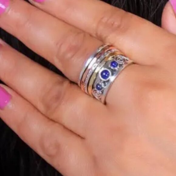Beautiful Vintage Boho Style - Three Tone - Lapis Lazuli Ring - Picture 2 of 5